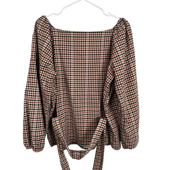 Ann Taylor  tan checkered blouse, tie closure around high waist, size Large - Picture 3 of 9